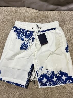 Lv White & Navy Monogram Splash Swim Shorts